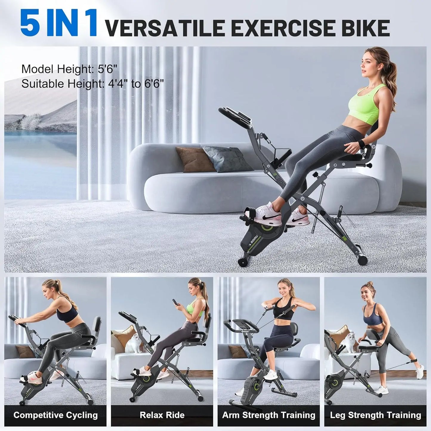 Exercise Bike, 5 in 1 Foldable Stationary Bike for Seniors, 16-Level Adjustable Magentic Resistance